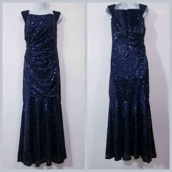 Badgley Mischka Blue Off Shoulders Sequins Evening Long Gown - Picture 1 of 15